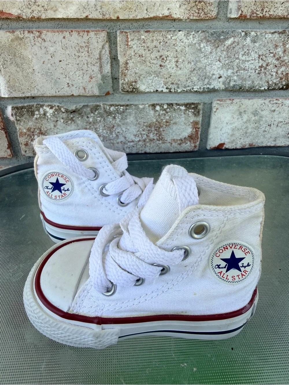 Converse Infant White High Top Sneakers with Red Stripe